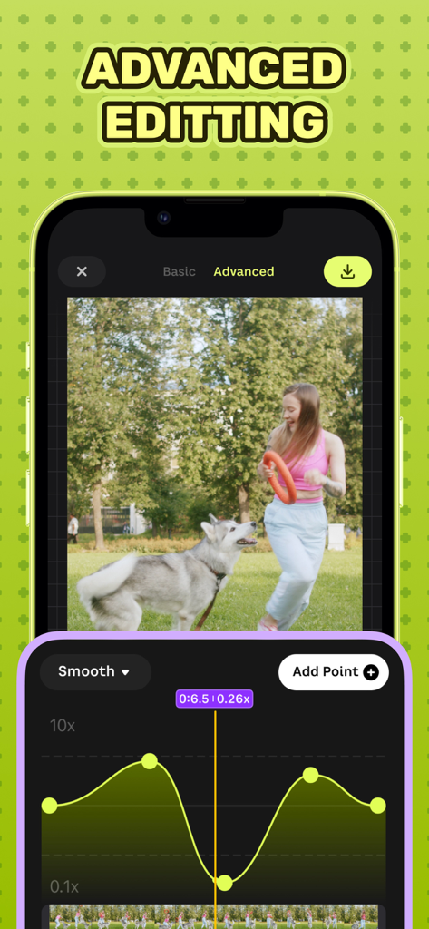 Speed Up Video - Advanced video editing interface showing speed ramping curve for a clip of a person and a dog