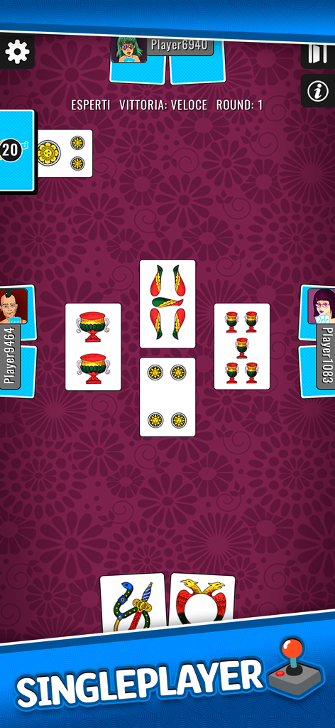 Schermata di gioco della Briscola Piu in modalità giocatore singolo con carte tradizionali italiane