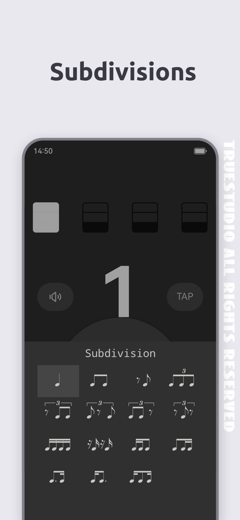 Ukulele Tuner - TrueStudio - Interfaccia dell'app accordatore per ukulele che visualizza le opzioni di suddivisione del ritmo e l'indicatore di battito del metronomo