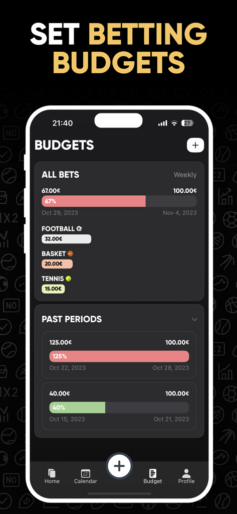 Interfaccia dell'app Betty per impostare e monitorare i budget per le scommesse sportive