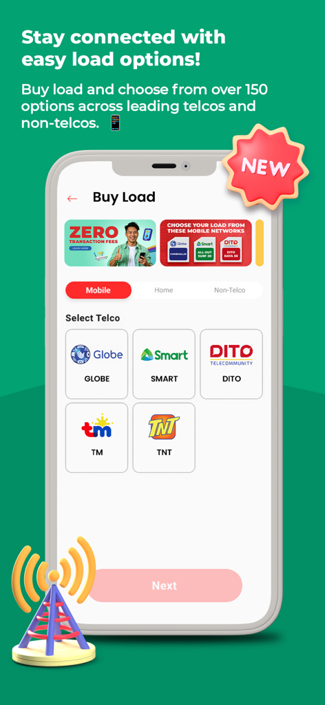 VYBE by BPI app interface showing mobile load purchase options for Philippine telecommunication networks