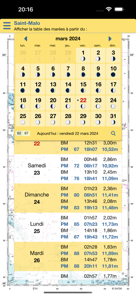 Calendario y tabla de mareas para Saint Malo que muestra fases lunares y niveles de agua en la aplicación marée.info Essentiel.