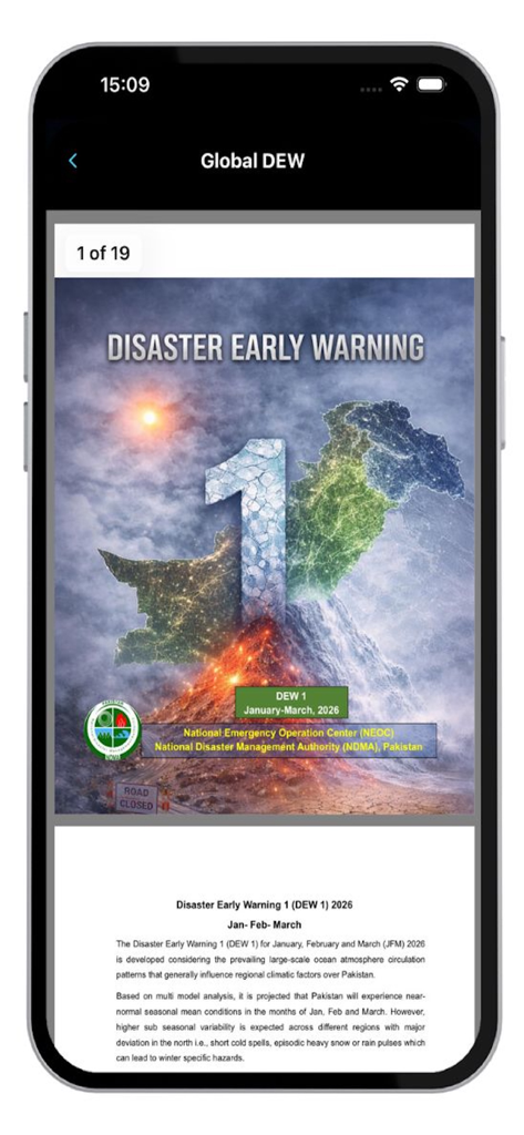 Global Disasters Early Warning - Screenshot of a disaster early warning report showing seasonal predictions on the Global DEW mobile app