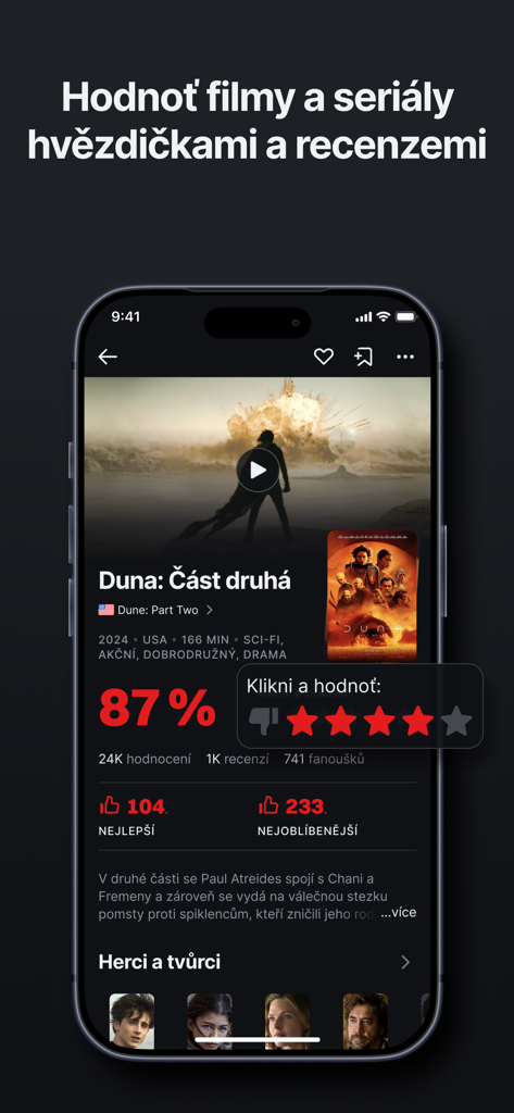 ČSFD - CSFD App Oberfläche, die das Film-Rating und das Sternebewertungssystem für Dune Part Two zeigt