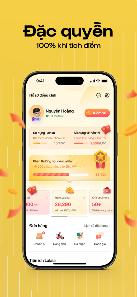 User profile screen of the Lalala Cafe mobile app showing membership rewards, loyalty points, and order status.