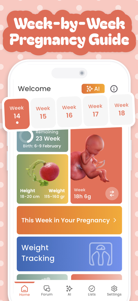 Pregnancy, Baby Tracker －Yuppy - Interfaccia dell'app Yuppy che mostra una guida alla gravidanza settimana per settimana per la settimana 14 con dettagli sulla crescita del feto e monitoraggio del peso