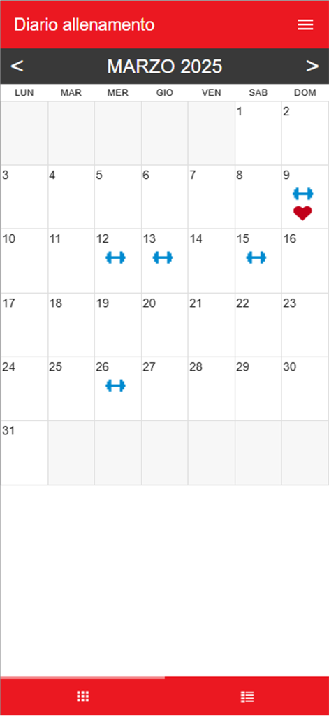 MauroFitnessCoach - Monthly workout diary calendar view in the MauroFitnessCoach app showing scheduled training sessions with icons.