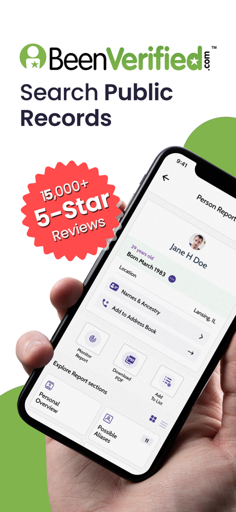 BeenVerified mobile app interface showing a person report and a 15,000 plus 5-star reviews badge