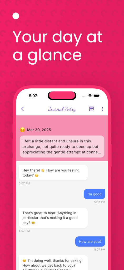 Dear Diary AI - Journal - Conversational chat interface in the Dear Diary AI app showing a user interacting with an AI journal assistant.
