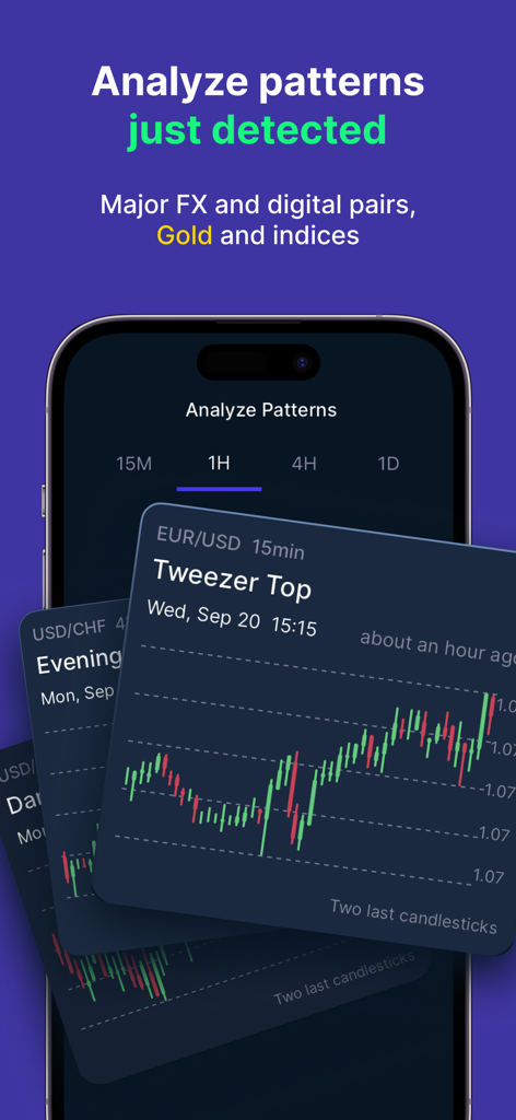 Candlestick Patterns T-Cake - Mobile app screen displaying a Tweezer Top candlestick pattern for EUR USD with real time detection alerts