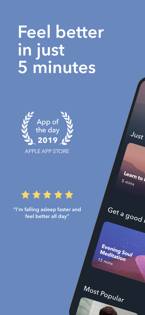 Simple Habit meditation app promotional screen featuring five minute sessions and Apple App Store award badge