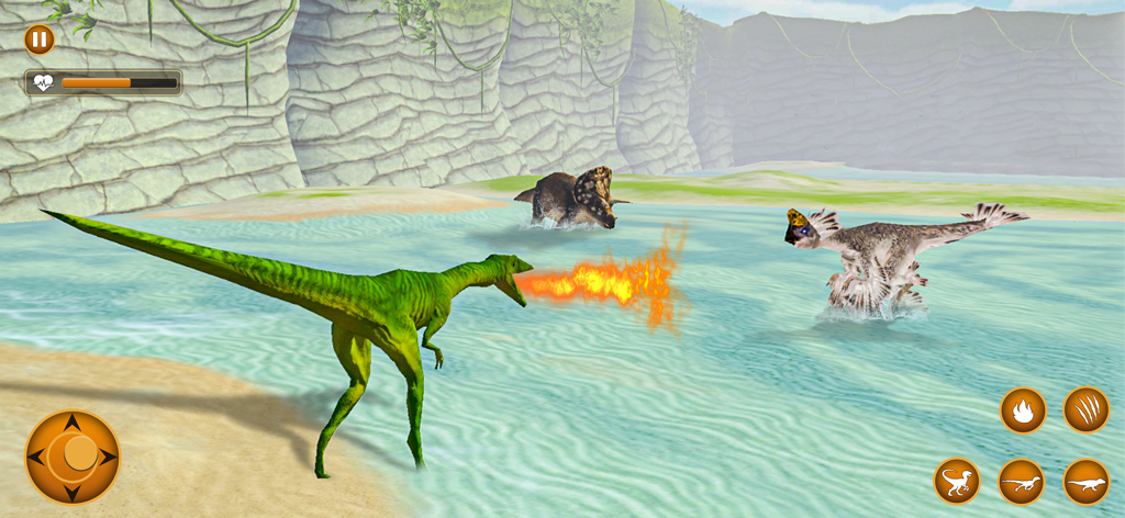 Jurrassic Dinosaur Games - Un dinosaurio verde escupiendo fuego a otras criaturas en un entorno de agua prehistórica poco profunda