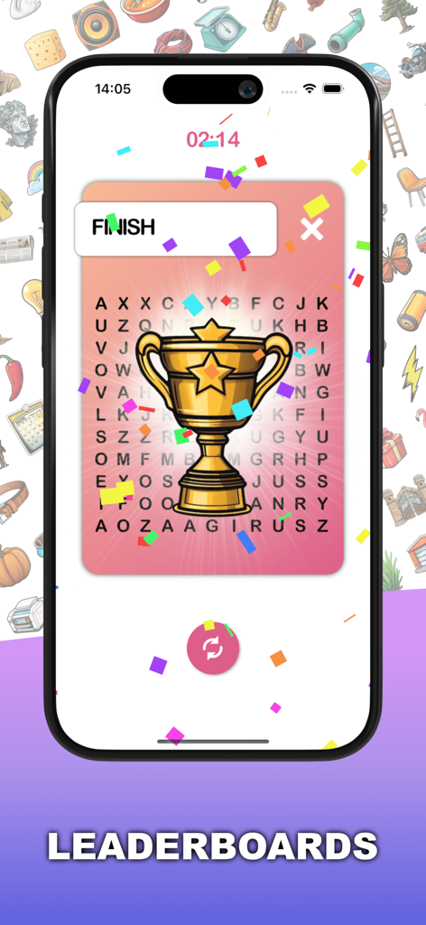 Pics 2 Words - Pantalla final con un trofeo dorado y la etiqueta de clasificación en la aplicación Pics 2 Words.