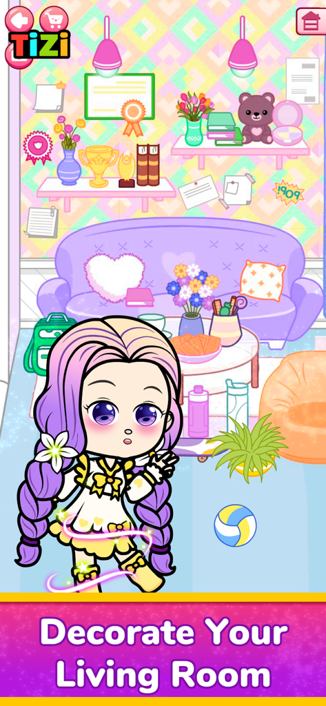Uma personagem chibi com cabelo roxo em uma sala de estar colorida e decorada em Tizi Town