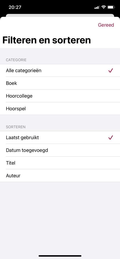 Passend Lezen - Filter and sort settings screen in the Passend Lezen app showing categories like books and lectures