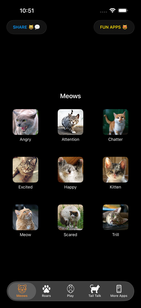 猫の写真とともに、さまざまな鳴き声のカテゴリを表示するCat Soundsアプリのインターフェイス