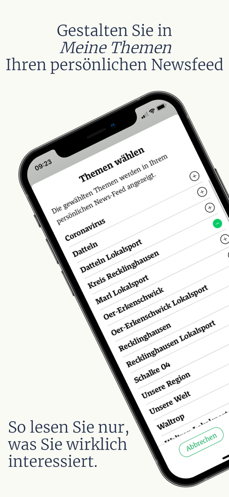 Recklinghäuser Zeitung - Ein mobiler Bildschirm, der das Menü zur Themenauswahl zur Anpassung eines persönlichen Nachrichtenfeeds in der Recklinghäuser Zeitung App zeigt