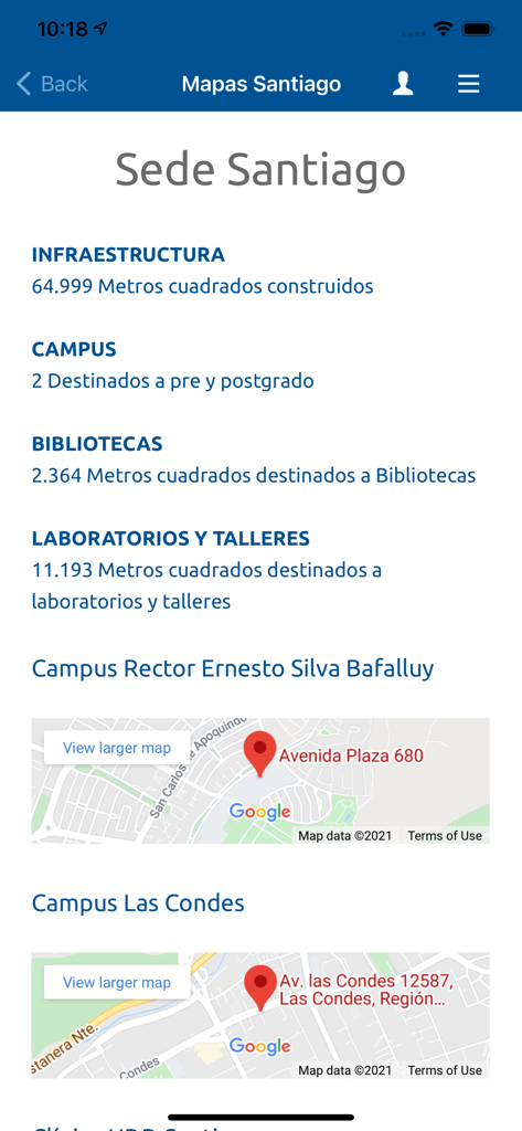 Mi UDD - Vista mappa e dettagli dell'infrastruttura di Sede Santiago nell'app Mi UDD.