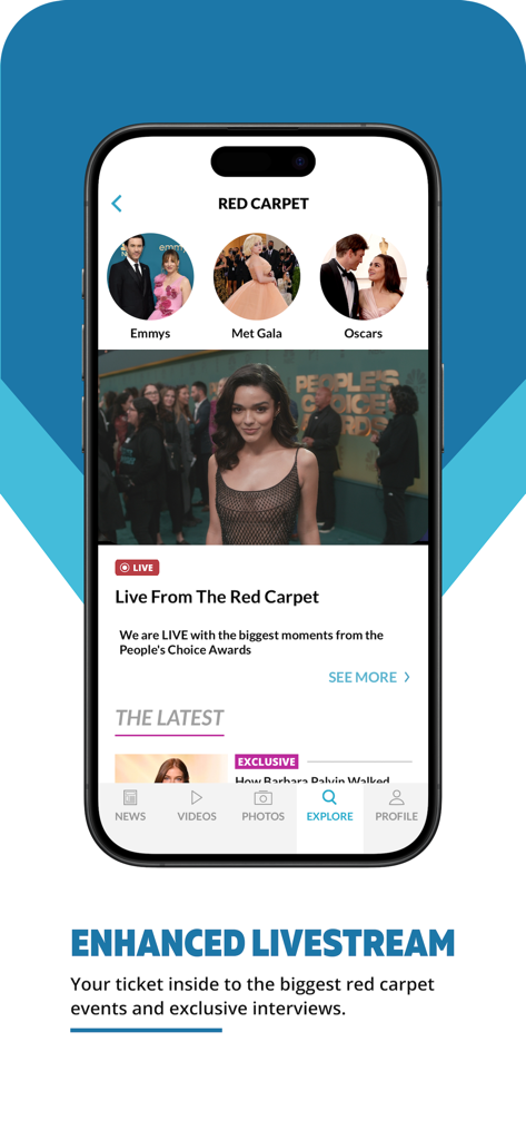 E! Newsアプリのインターフェース。エミー賞やMETガラなどのセレブリティカテゴリとともに、レッドカーペットのライブ中継を表示。