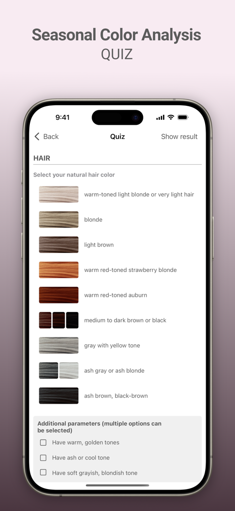 Seasonal color analysis quiz screen for selecting natural hair color in the Show My Colors app.