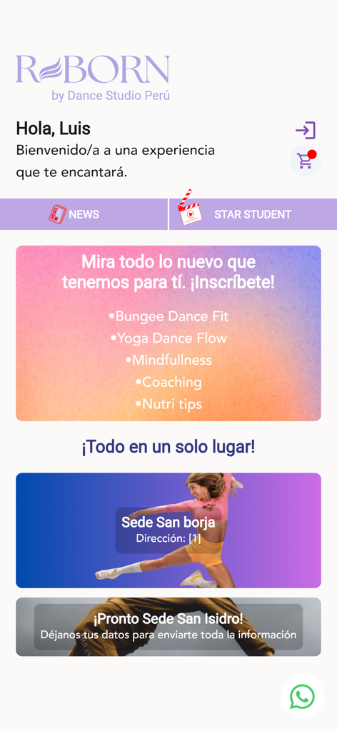REBORN by Dance Studio Peru - REBORN by Dance Studio Peru app home screen showing dance classes and studio locations