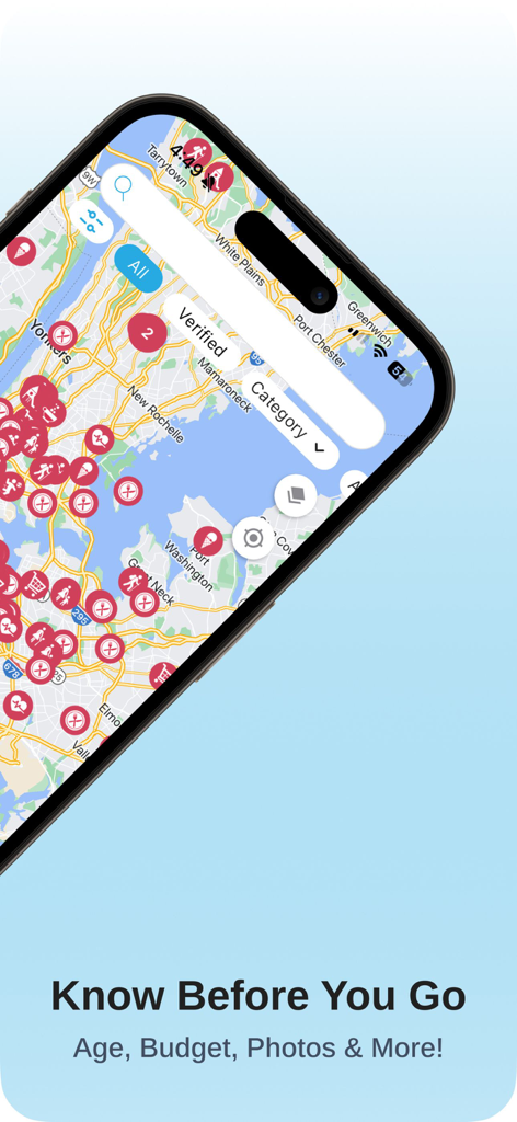 Interface of the Gowhee app showing an interactive map with pins for kid friendly locations and search filters