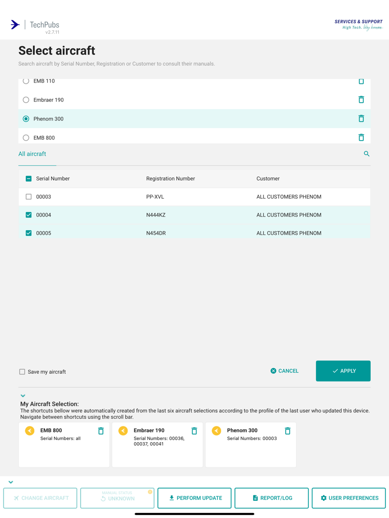 TechPubs Embraer - Select aircraft screen in the TechPubs Embraer app showing aircraft models and serial numbers