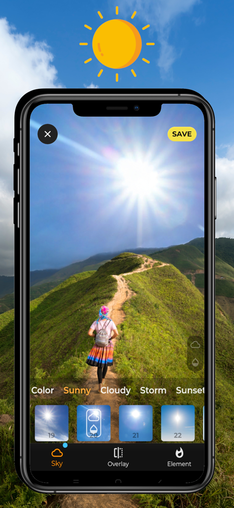 Sky Editor - SkyPic - SkyPic app interface demonstrating the sunny sky replacement filter on a hiking photo