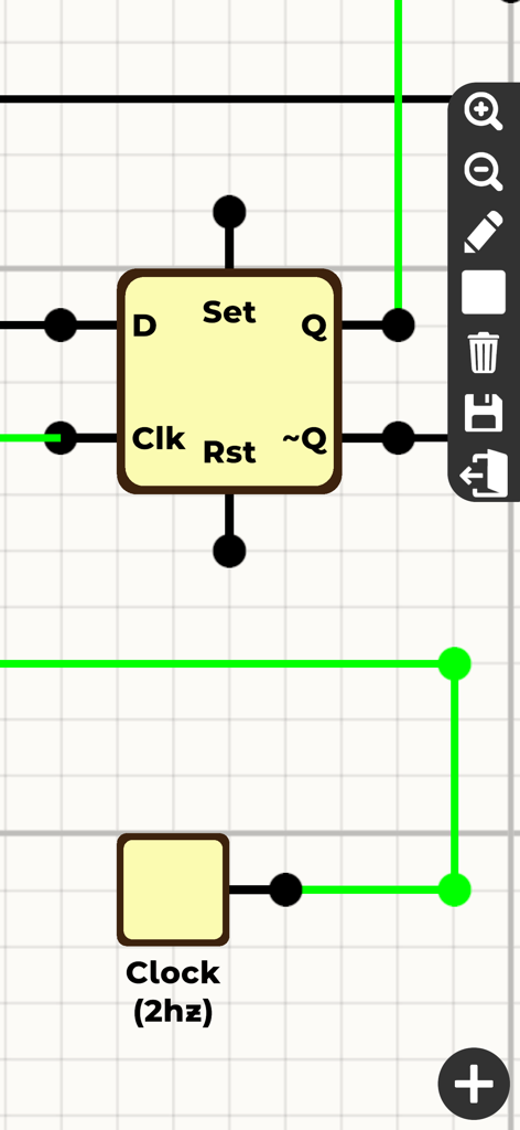 A D flip flop component and a 2Hz clock connected within a digital logic circuit simulation interface