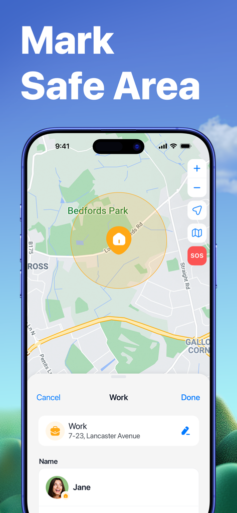 Interface of the Findo app displaying a circular safe zone geofence on a map for family location tracking