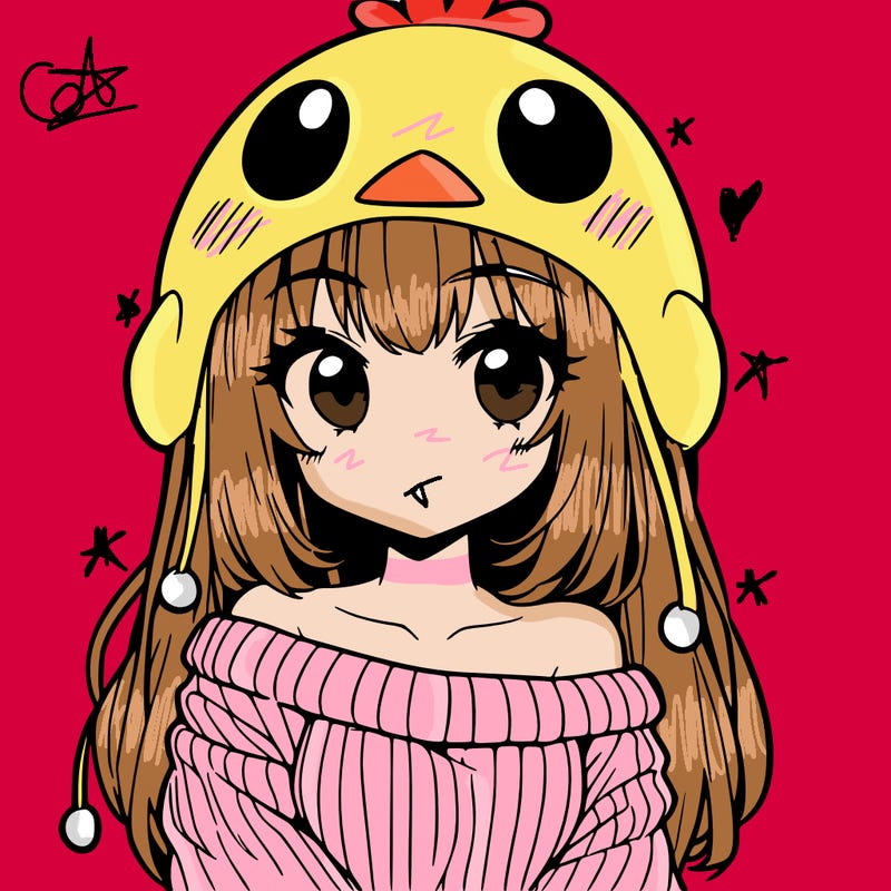 anime girl with chick shaped hat with sweater with bare shoulders with bangs covering them one eye with low tail