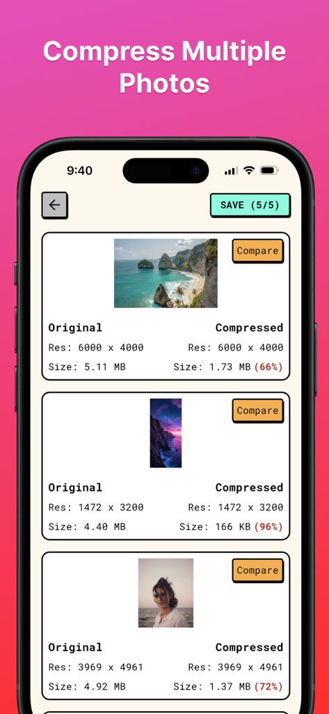 Compress Videos to Any Size - Tinyfile App-Oberfläche zeigt die Stapelkomprimierung mehrerer Fotos zur Reduzierung der Dateigröße und zum Sparen von Speicherplatz
