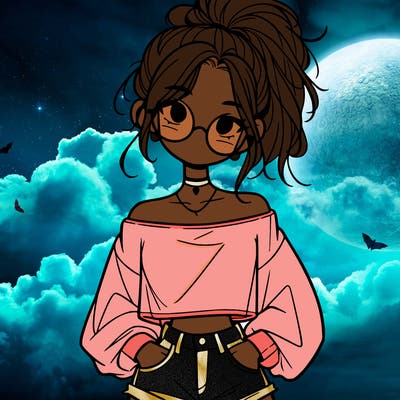 girl with a messy ponytail glasses a baggy crop top and jean shorts