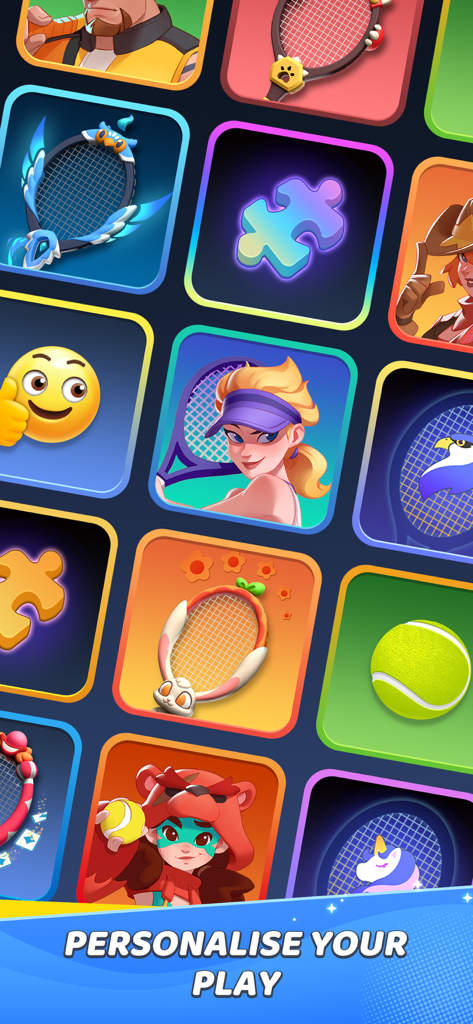 Extreme Tennis - A vibrant grid of unlockable characters and themed tennis rackets for player customization.