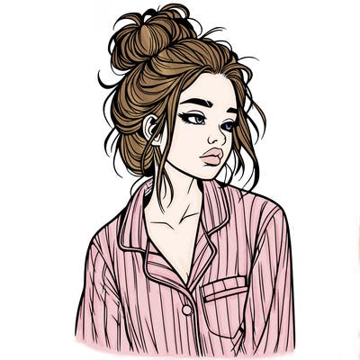 realistic woman with pajamas on and a messy bun