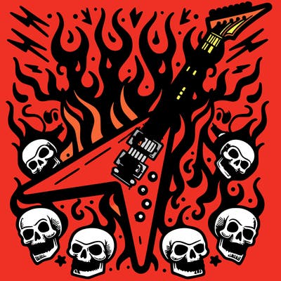 epic flying v electric guitar with flames surrounded by skulls