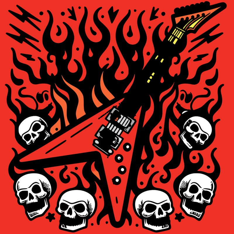 epic flying v electric guitar with flames surrounded by skulls