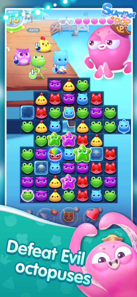 Gameplay di Summer Pop Match Puzzle Game con icone di animali e un boss polpo