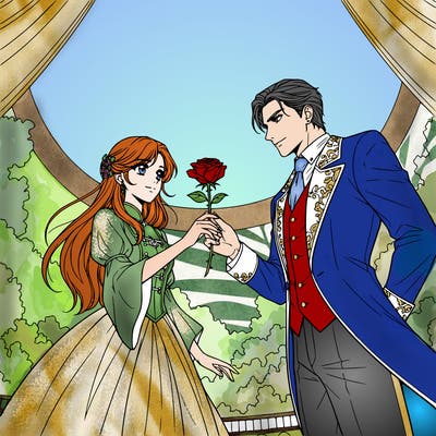 anime girl accepting a rose from a handsome man .