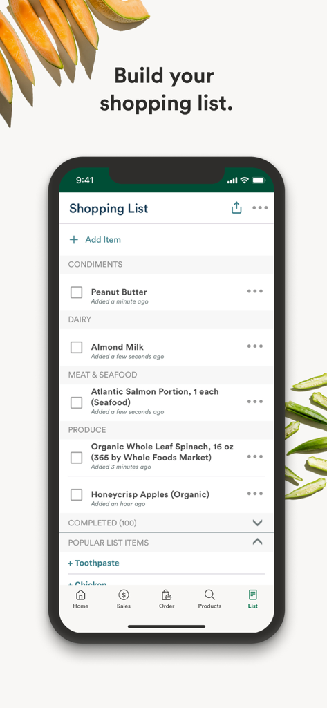 Whole Foods Market app shopping list organized by grocery department