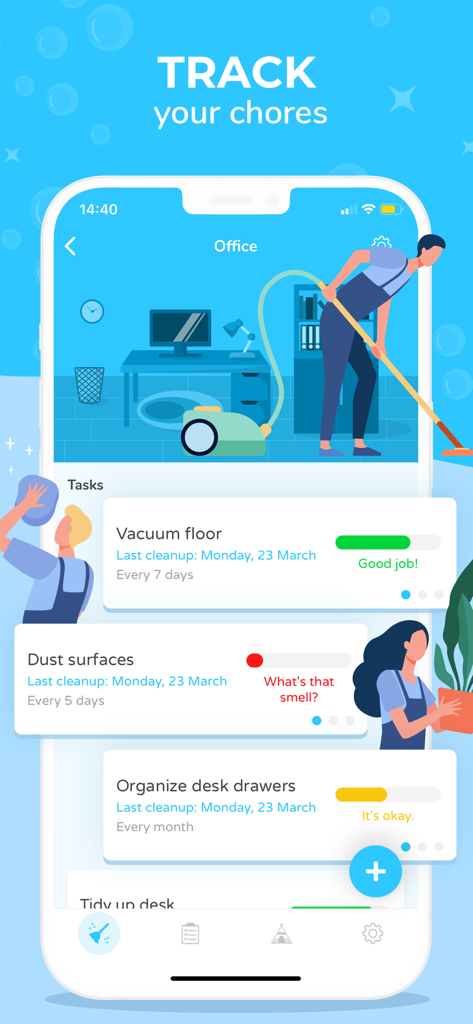 Sweepy mobile app showing a cleaning schedule and chore tracking for an office with visual progress bars