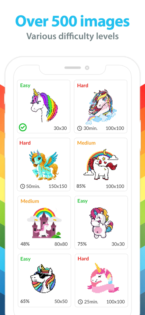 Unicorn Color by Number + - A selection of unicorn pixel art images in the app gallery categorized by easy medium and hard difficulty levels
