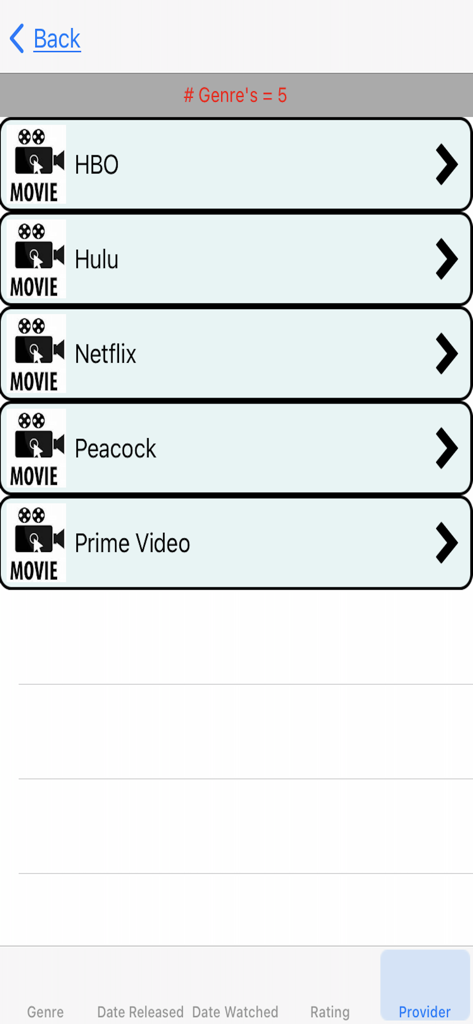 The provider selection screen showing streaming services like Netflix and Hulu