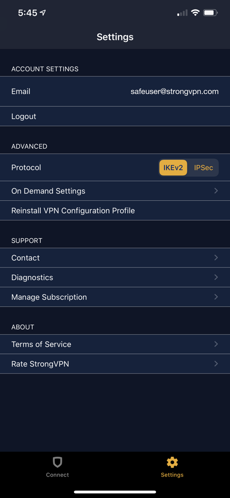 StrongVPN mobile app settings menu showing account information and connection protocol options
