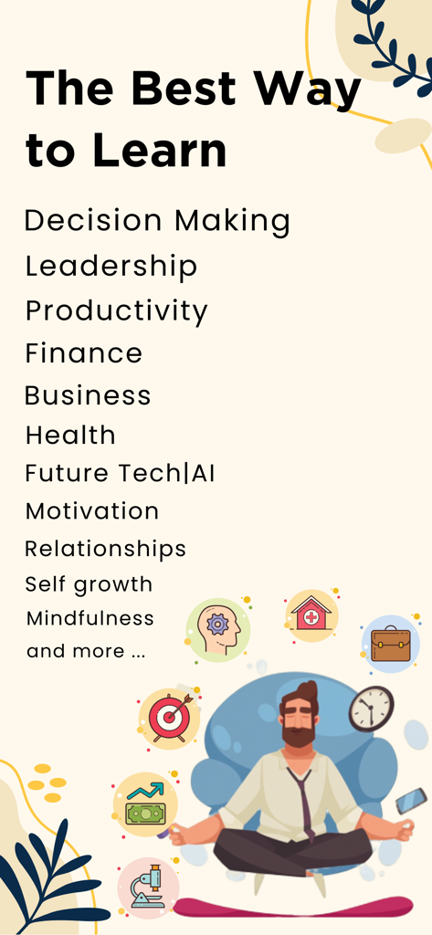 Book Summaries: Accelerated - Educational categories list in Book Summaries Accelerated app showing topics like leadership and productivity with a meditative illustration