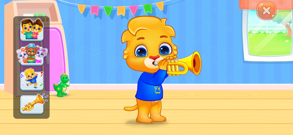 A cheerful cartoon lion playing a yellow trumpet in a bright room with a sidebar showing sticker rewards.
