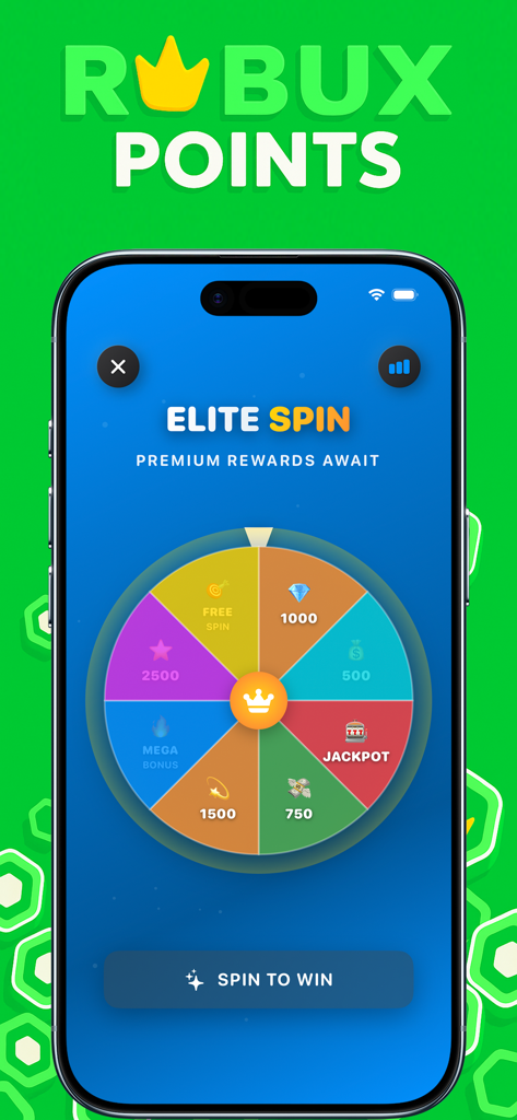Robux Points | for Roblox ™ - Ruota della fortuna Elite che mostra vari premi in punti nell'app Robux Points