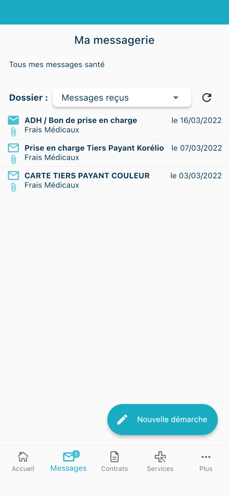 Centre de messagerie de l'application mobile PRO BTP Santé affichant les documents d'assurance et l'historique des sinistres