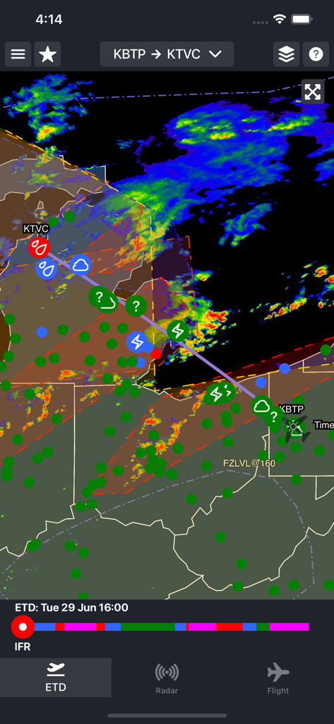 A flight route map on the WeatherSpork app showing weather overlays, lightning icons, and precipitation along a path between airports.
