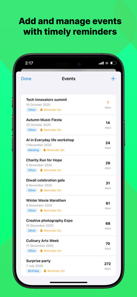 WhatsChat Pro - Pantalla de gestión de eventos de WhatsChat Pro con cuentas regresivas y recordatorios